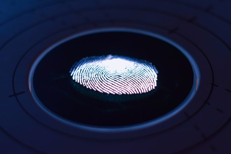 Glowing fingerprint on a circular scanner, representing invisible identifiers embedded in digital files