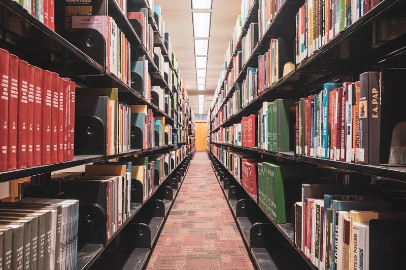 A long row of books on library shelves, representing the corpus that language models read