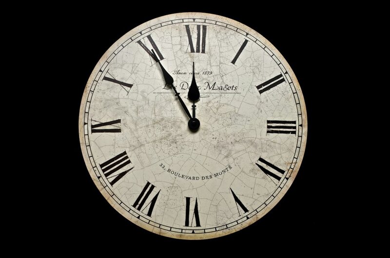 A round wall clock with a cracked white face and black Roman numerals